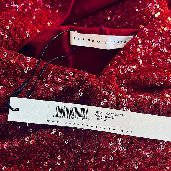SUSANA MONACO RED SEQUIN DEEP V NECK HALTER DRESS RUCHED FRONT SLIT SIZE XS NWT - Picture 2 of 9